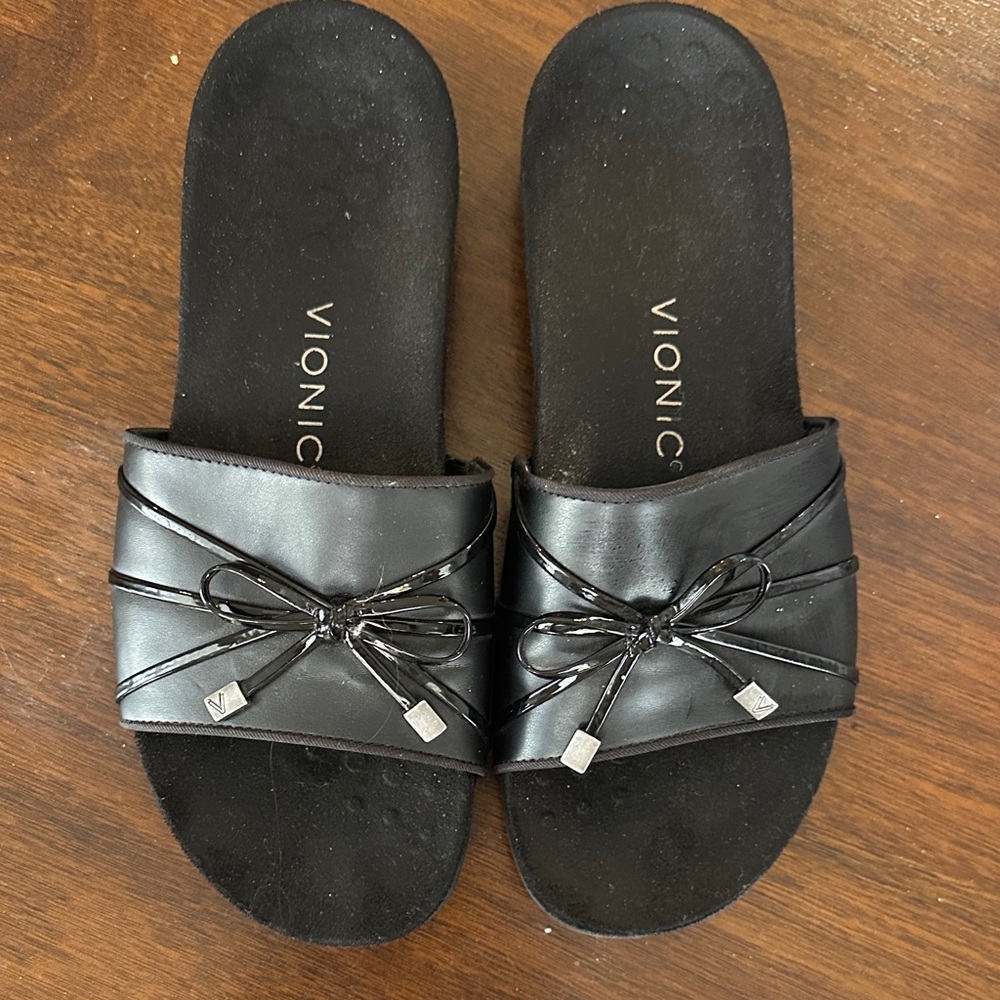 Vionic Black Slide Sandals with Bow Accent
